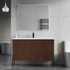 Dowell 48“ Fluted Bathroom Vanity Set – Assembled Cabinet Base with 3 Soft-Close Doors, Shelves & Ceramic/Resin Basin, Black/Golden Legs - 002 48 Series