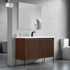 Dowell 48“ Fluted Bathroom Vanity Set – Assembled Cabinet Base with 3 Soft-Close Doors, Shelves & Ceramic/Resin Basin, Black/Golden Legs - 002 48 Series