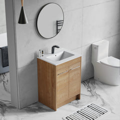 Dowell 24“ Unassembled Freestanding Bathroom Vanity Kit with White Ceramic Basin - One or Two Soft-Close Doors, One Shelf - 012 Series - Oak Natural