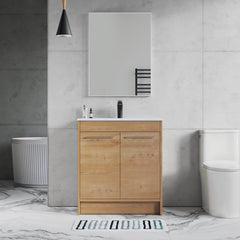 Dowell 30" Unassembled Freestanding Bathroom Vanity Kit with White Ceramic Basin - One or Two Soft-Close Doors, One Shelf - 012 Series - Oak Natural