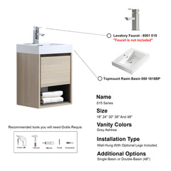 Dowell 18" to 48" Wall-Mounted Bathroom Vanity with Single Basin – One Soft-Close Drawer, One Open Shelf (48" Adds Two Soft-Close Doors) - 015 Series - Grey Ashtree