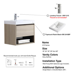 Dowell 24" Wall-Mounted Bathroom Vanity with Single Basin – One Soft-Close Drawer, One Open Shelf - 015 Series - Grey Ashtree