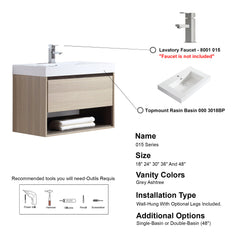 Dowell 30" Wall-Mounted Bathroom Vanity with Single Basin – One Soft-Close Drawer, One Open Shelf - 015 Series - Grey Ashtree