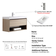 Dowell 36" Wall-Mounted Bathroom Vanity with Single Basin – One Soft-Close Drawer, One Open Shelf - 015 Series - Grey Ashtree