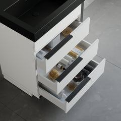 Dowell 24“ Single Bathroom Vanity Set- Freestanding Glossy White Vanity with Black Accents,Matte Black Resin Basin,Three Soft-Close Drawers - 024 Series