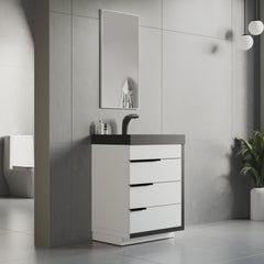 Dowell 24“ Single Bathroom Vanity Set- Freestanding Glossy White Vanity with Black Accents,Matte Black Resin Basin,Three Soft-Close Drawers - 024 Series