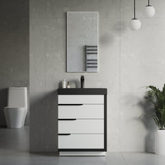 Dowell 24“ Single Bathroom Vanity Set- Freestanding Glossy White Vanity with Black Accents,Matte Black Resin Basin,Three Soft-Close Drawers - 024 Series