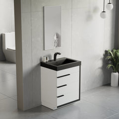 Dowell 24“ Single Bathroom Vanity Set- Freestanding Glossy White Vanity with Black Accents,Matte Black Resin Basin,Three Soft-Close Drawers - 024 Series
