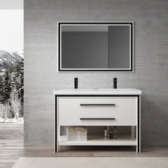 Dowell 48" Freestanding White Bathroom Vanity with Double Basin - One/Two Soft-Close Drawers and One/Two Open Shelves - 028 Series