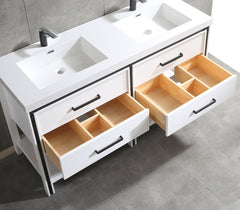 Dowell 60" Freestanding White Bathroom Vanity with Double Basin - One/Two Soft-Close Drawers and One/Two Open Shelves - 028 Series