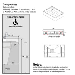 Dowell 24“ Wall Mounted Bathroom Sink Rectangular Single Bowl Stone Resin Sink Luxury ADA Compliant Sink Non-overflow & Single Faucet Hole Floating Sink Perfect for Every Bathroom - ADA 070 Series