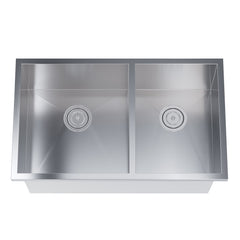 Dowell 33" L x 20" W Handcrafted Undermount Kitchen Sink 16 Gauge Stainless Steel 10" Depth Double Bowl With Grid Strainer