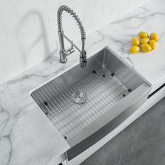 Dowell 29-3/4" L x 20-3/4" W Handcrafted Apron-Front Farmhouse Undermount Kitchen Sink 16 Gauge Stainless Steel 10" Depth Single Bowl With Grid Strainer