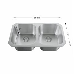 Dowell 32" Kitchen Undermount Double Bowl Sink - Two 14" Bowls, 9" Deep, Stainless Steel 18 Gauge - 6001 Series