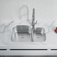 Dowell 31-1/2" Kitchen Undermount Double Bowl Sink - One 17-3/4 " Bowl, 9" Deep, One 10-3/8" Bowl, 7" Deep, Stainless Steel 18/16 Gauge - 6001 Series