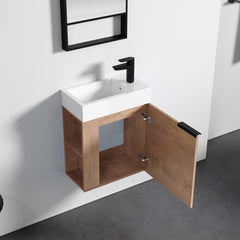 Dowell 18" Inch Oak Natural/White Small Bathroom Vanity with White Resin Sink Combo, Modern Bathroom Cabinet with Soft-Close Door, Wall Mounted Single Bathroom Vanity Set with Side Shelves - 011 18 Series