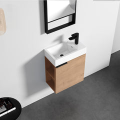 Dowell 18" Inch Oak Natural/White Small Bathroom Vanity with White Resin Sink Combo, Modern Bathroom Cabinet with Soft-Close Door, Wall Mounted Single Bathroom Vanity Set with Side Shelves - 011 18 Series