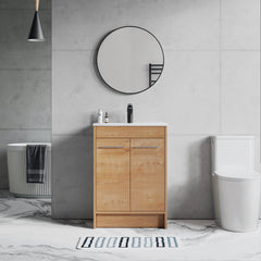 Dowell 24“ Unassembled Freestanding Bathroom Vanity Kit with White Ceramic Basin -  One or Two Soft-Close Doors, One Shelf - 012 Series - Oak Natural