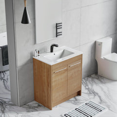 Dowell 30" Unassembled Freestanding Bathroom Vanity Kit with White Ceramic Basin -  One or Two Soft-Close Doors, One Shelf - 012 Series - Oak Natural