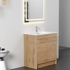 Dowell 30" Unassembled Freestanding Bathroom Vanity Kit with White Ceramic Basin -  One or Two Soft-Close Doors, One Shelf - 012 Series - Oak Natural