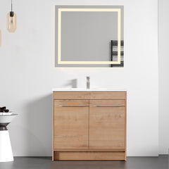 Dowell 36" Unassembled Freestanding Bathroom Vanity Kit with White Ceramic Basin -  One or Two Soft-Close Doors, One Shelf - 012 Series - Oak Natural