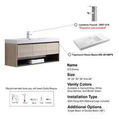 Dowell 48" Wall-Mounted Bathroom Vanity with Single Basin –  One Soft-Close Drawer, One Open Shelf - 015 Series - Grey Ashtree