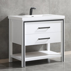 Dowell  36" Freestanding White Bathroom Vanity with Single Basin - One/Two Soft-Close Drawers and One/Two Open Shelves - 028 Series