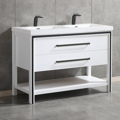 Dowell  48" Freestanding White Bathroom Vanity with Double Basin - One/Two Soft-Close Drawers and One/Two Open Shelves - 028 Series