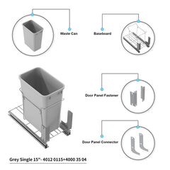 Dowell 15" Single Aluminum Base Wastebasket Pull Out with Full Extension Soft-Close Slides, Bottom Mount