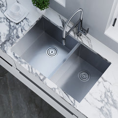 Dowell 33" L x 20" W Handcrafted Undermount Kitchen Sink 16 Gauge Stainless Steel 10" Depth Double Bowl With Grid Strainer