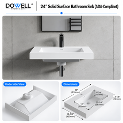 Dowell Solid Surface Wall-Mounted Bathroom Sink, Top-Mount Basin – ADA-Compliant