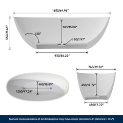 Dowell 65" White Oval Luxury Freestanding Solid Surface Resin Stone Soaking Tub-BT033 Series