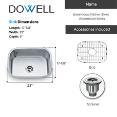 Dowell 23" Kitchen Undermount Sink - 9" Deep Bowl, Stainless Steel 18/16 Gauge - 6001 Series