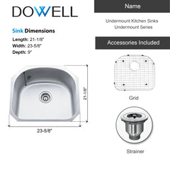Dowell 23-5/8" Kitchen Undermount Sink - 9" Deep Bowl, D-Shaped, Stainless Steel 18/16 Gauge - 6001 Series