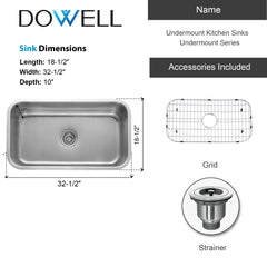 Dowell 32-1/2" Kitchen Undermount Sink - 10" Deep Bowl, Stainless Steel 18 Gauge - 6001 Series