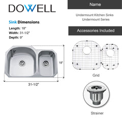 Dowell 31-1/2" Kitchen Undermount Double Bowl Sink - One 17-3/4 " Bowl, 9" Deep, One 10-3/8" Bowl, 7" Deep, Stainless Steel 18/16 Gauge - 6001 Series