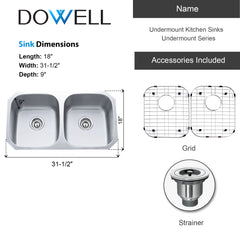 Dowell 32" Kitchen Undermount Double Bowl Sink - Two 14" Bowls, 9" Deep, Stainless Steel 18 Gauge - 6001 Series