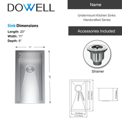 Dowell 11" L x 20" W Handcrafted Undermount Kitchen Sink 18 Gauge Stainless Steel 8" Depth Single Bowl With Strainer