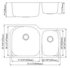 Dowell 31-1/2" Kitchen Undermount Double Bowl Sink - One 17-3/4 " Bowl, 9" Deep, One 10-3/8" Bowl, 7" Deep, Stainless Steel 18/16 Gauge - 6001 Series
