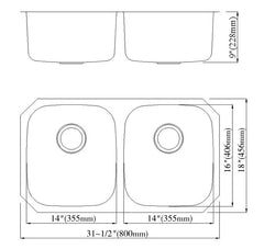 Dowell 32" Kitchen Undermount Double Bowl Sink - Two 14" Bowls, 9" Deep, Stainless Steel 18 Gauge - 6001 Series